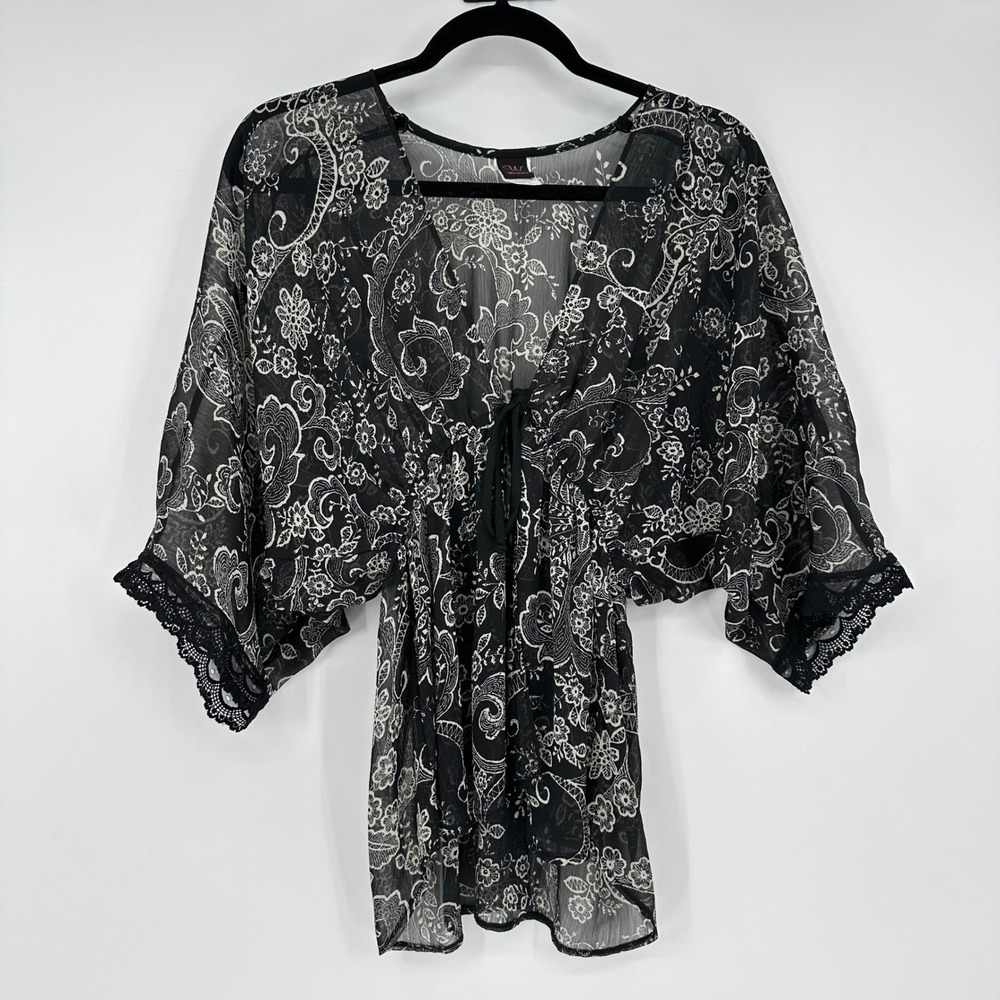 Y2K Wrapper Black Floral Paisley Kimono Dolman Sheer Tie Top Boho Whimsygoth XS